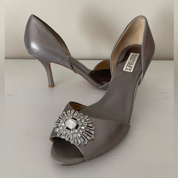 Badgley Mischka Metallic Gray Heels with Crystal Embellishments - Picture 3 of 10